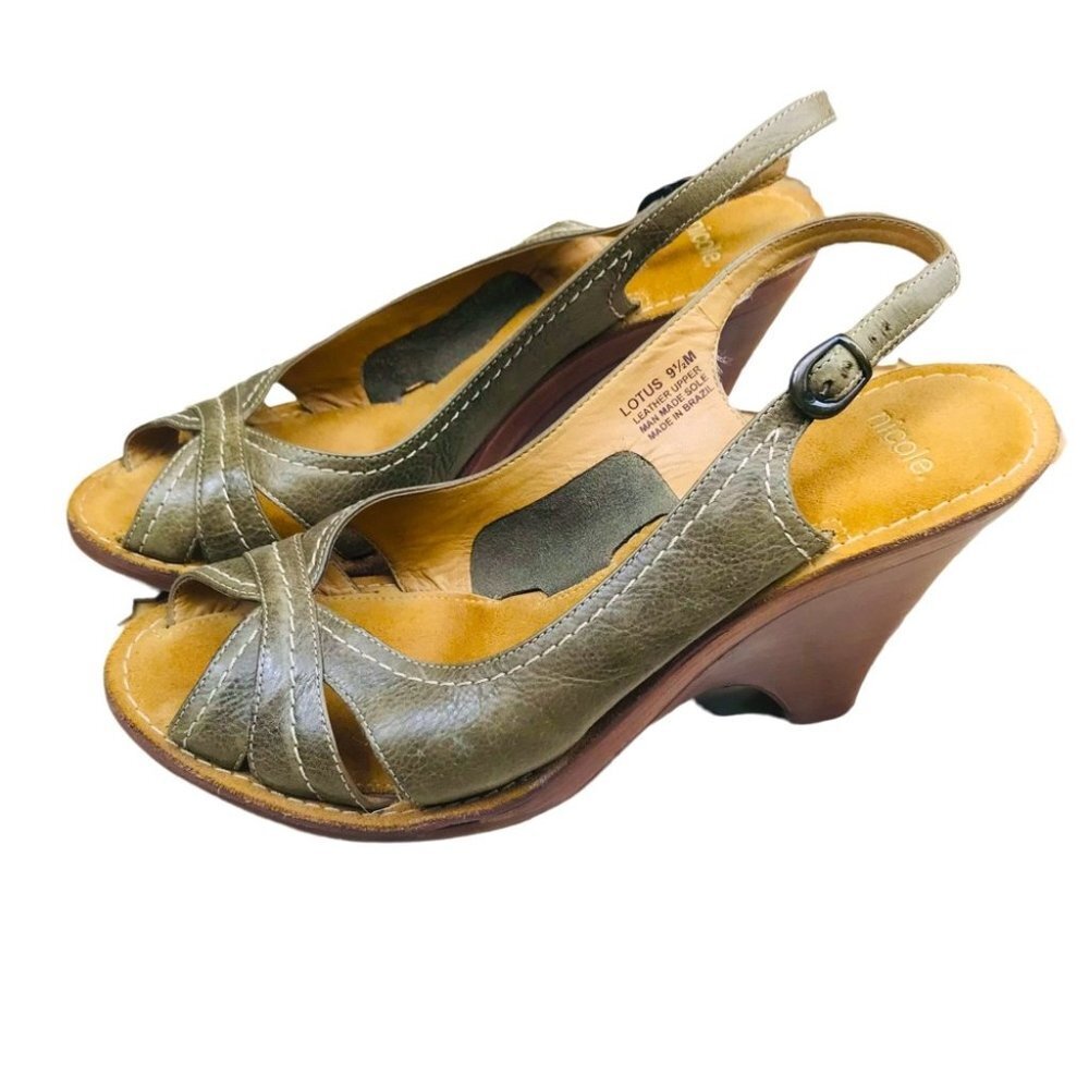 Nicole Lotus Peep Toe Leather Olive wedge  Sandals Women size 9.5